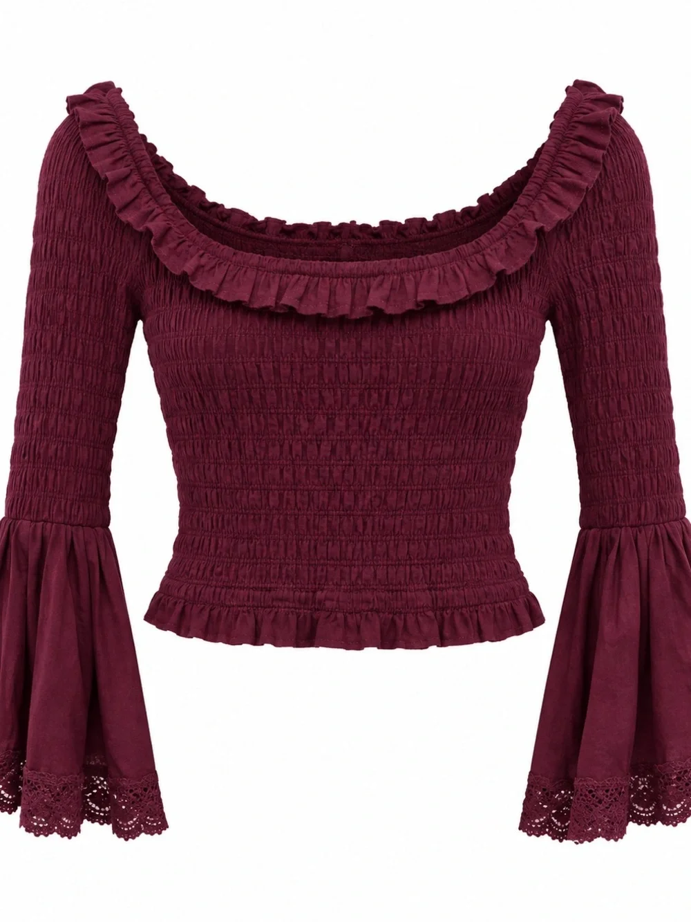 Free People Burgundy Smocked Ruffle Bell-Sleeve Crop Top